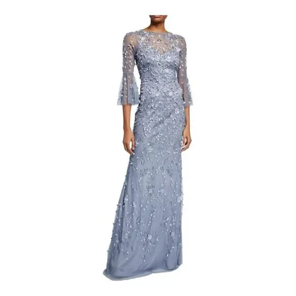 Theia Flounce Sleeve 3-D Embroidered and Beaded  Dusty Blue Gown Size 2 - Picture 3 of 14